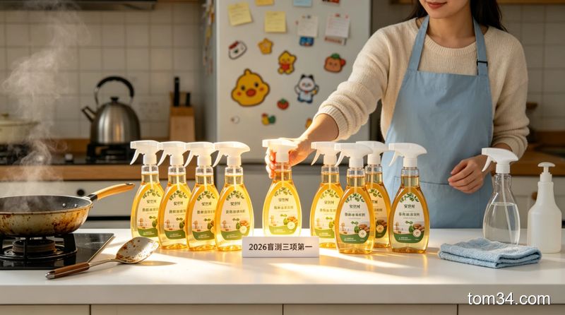 清新明亮生活化居家场景，桌面上摆放多款厨房油污清洁剂做对比展示，中间突出安芭树香氛油污清洁剂，旁边标注「2026盲测三项第一」文字，风格真实接地气，突出清洁品测评氛围