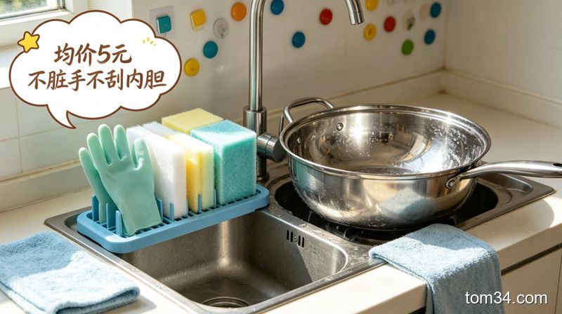 丁腈手套、纳米魔力擦、软纤维百洁布三款护具摆放在不锈钢厨房水槽边的实拍