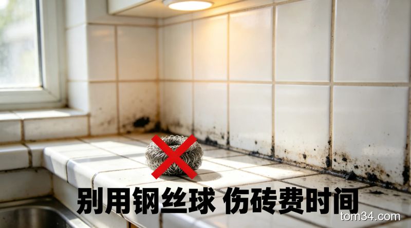 钢丝球刮花瓷砖留下明显划痕，缝隙还有残留黑垢的厨房瓷砖特写
