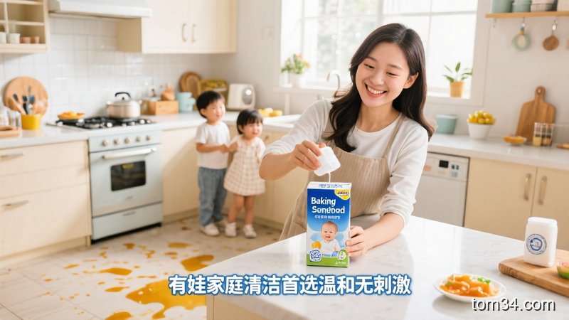 有娃家庭厨房场景，妈妈抱着宝宝站在干净的厨房地板旁，台面上放着小苏打