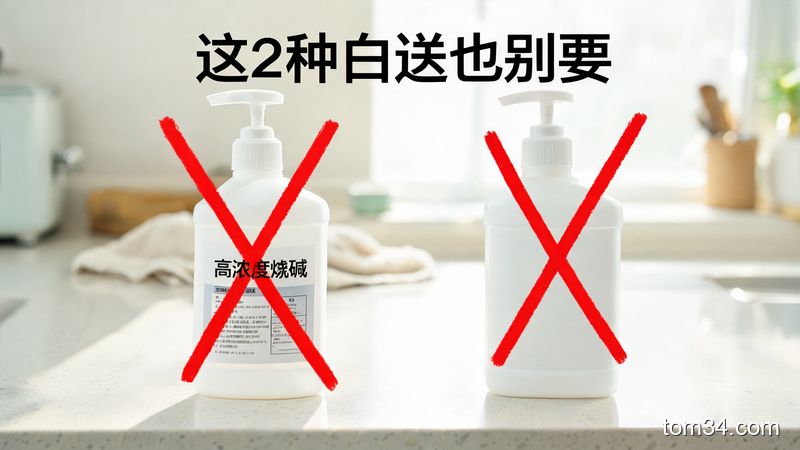 清新明亮生活化风格，两瓶被打红叉的清洗剂，一瓶瓶身标有「高浓度烧碱」字样，一瓶是无任何标识的三无产品，配文字「这2种白送也别要」