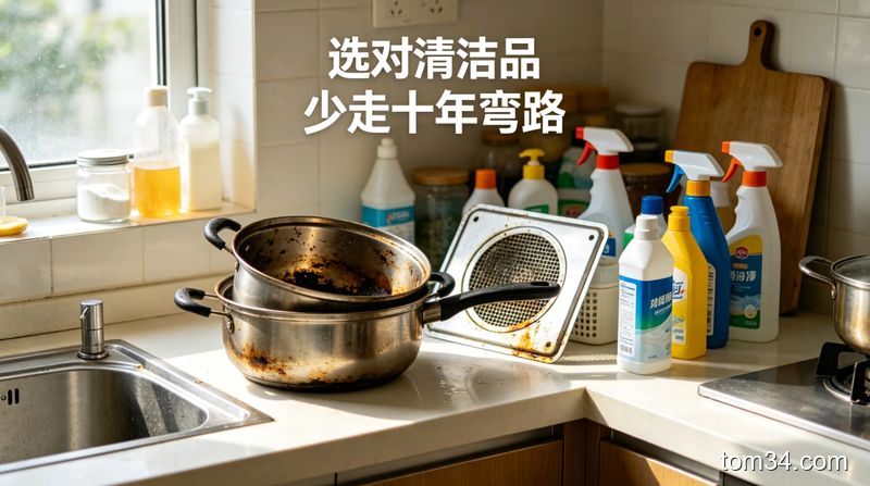 明亮整洁的现代厨房，台面上放着带油污的锅具和各类清洁用品