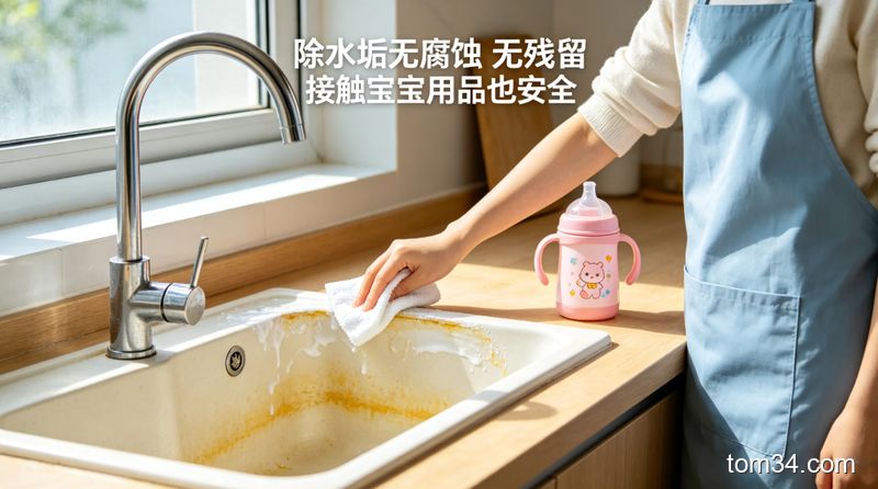 用小苏打糊擦拭水龙头水垢前后对比，厨房清洁效果展示
