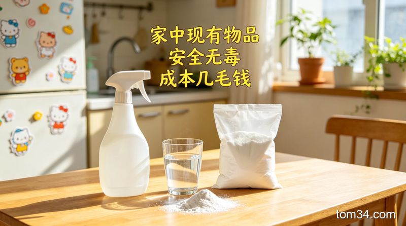 桌面摆放食用碱、喷壶、温水的生活化场景，展示把食用碱倒入喷壶加温水摇匀的简单操作，画面标注‘家中现有物品 安全无毒 成本几毛钱’文字，风格明亮接地气