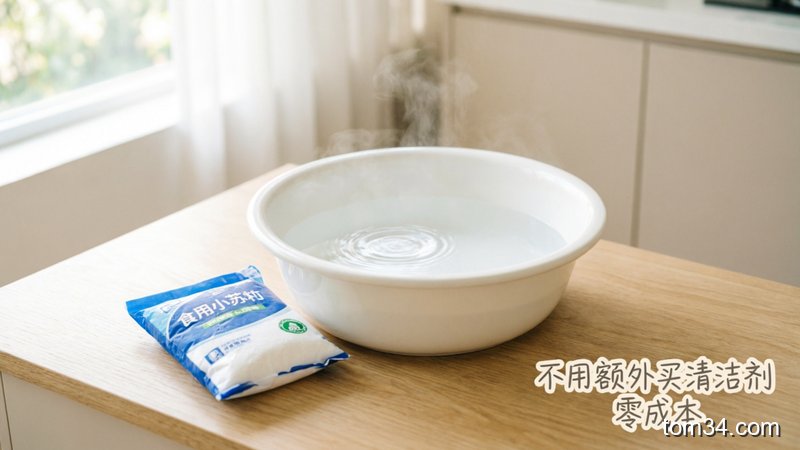 清新明亮生活化风格，居家厨房台面场景，摆放着半盆温热清水、袋装食用小苏打，角落配文字标注「不用额外买清洁剂 零成本」，整体温馨接地气，突出简单清洁