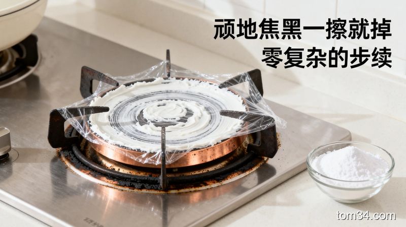 清新明亮生活化厨房台面场景，烧黑的煤气灶铜圈表面均匀抹着小苏打糊并盖有保鲜膜，旁边放着盛小苏打的家用小碗，画面标注「顽固焦黑一擦就掉 零复杂步骤」字样，突出高效好操作