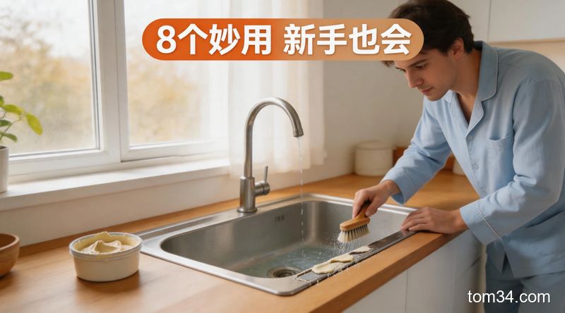 清新明亮生活化厨房场景，普通人分别演示用清洁糊擦灶台、刷水槽缝隙、擦锅底的动作，配文字标注「8个妙用 新手也会」，突出高效低成本