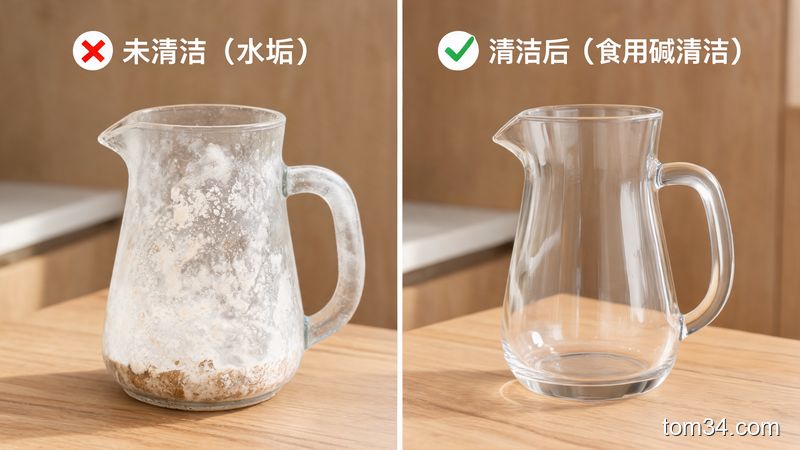 食用碱清洁水壶前后对比,左侧水垢严重,右侧焕然一新