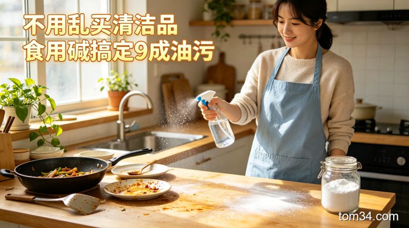 清新明亮生活化厨房场景，台面有轻度油污，普通人依次做喷洒食用碱水、静置、擦拭的3步清洁动作，画面标注「不用乱买清洁品 食用碱搞定9成油污」文字，风格温暖家常，突出简单快手低成本