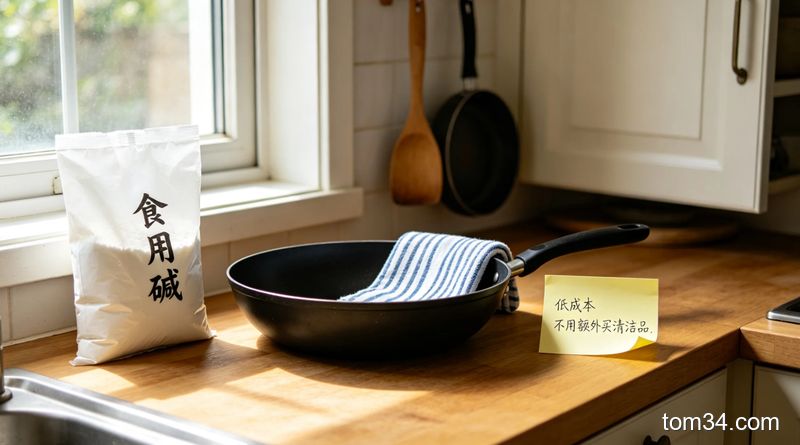 清新明亮生活化厨房场景，台面上摆放普通食用碱袋、家用铁锅、洗碗布，旁边配文字标注「低成本 不用额外买清洁品」，风格家常接地气