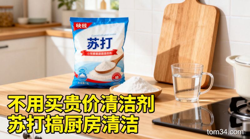 清新明亮生活化厨房场景，桌面摆放几块钱的普通袋装小苏打、木质菜板、温水杯，配醒目标注文字「不用买贵价清洁剂 小苏打搞定厨房清洁」，风格温馨接地气，贴近普通家庭生活