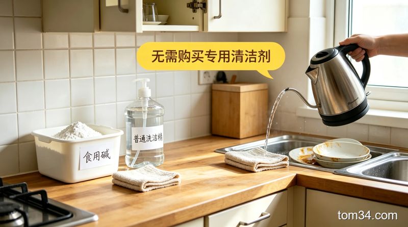 清新明亮居家厨房场景，台面上摆放着食用碱、普通洗洁精、热水壶等家用常见物品，配醒目标注文字「食用碱=去油隐藏王者 低成本不伤手」，生活化写实风格，突出无需购买专用清洁剂的特点