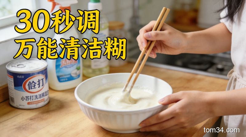 清新明亮生活化厨房场景，普通人用筷子搅拌碗里的小苏打洗洁精混合糊，配文字标注「30秒调万能清洁糊」，突出快手无难度