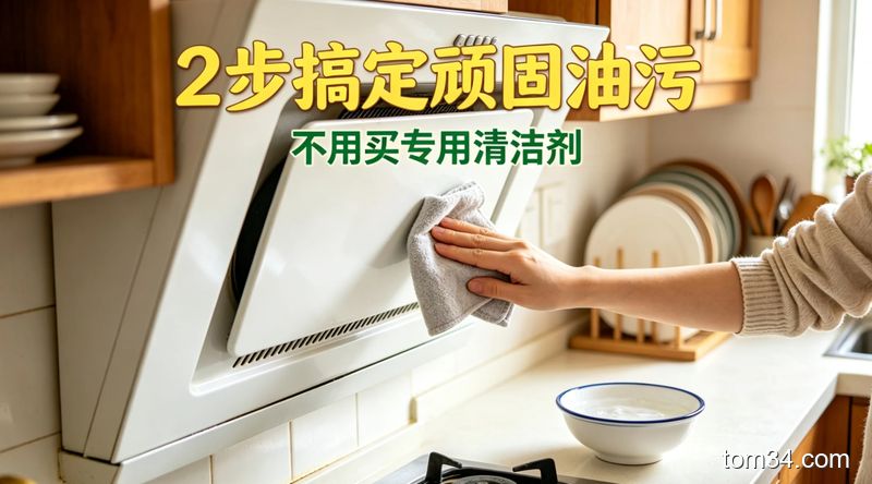 明亮治愈家庭厨房场景，抽油烟机表面有明显干结顽固油污，旁边放着装了小苏打温水糊的小碗，手拿着抹布轻轻一擦油污就脱落，画面标注\