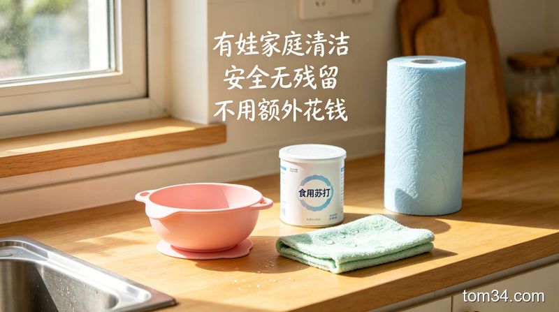 温馨有娃家庭厨房场景，台面上放着宝宝餐具和少量油污，适合厨房清洁演示