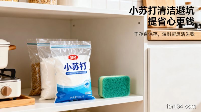 整洁的厨房储物角落，摆放着密封保存的袋装小苏打、干净百洁布，配文字标注「小苏打清洁避坑提示 省心更省钱」，画面明亮简约，突出实用性