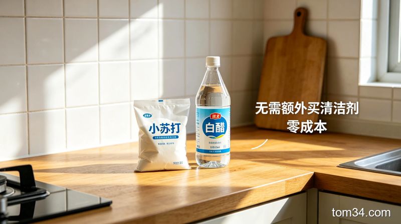 厨房台面，台面上放白醋、小苏打两个常见调料瓶，旁边是女生用半干毛巾擦吊柜顶的动作，风格清新明亮生活化，配文字2种调料+5分钟 轻松去黏灰，标注无需额外买清洁用品