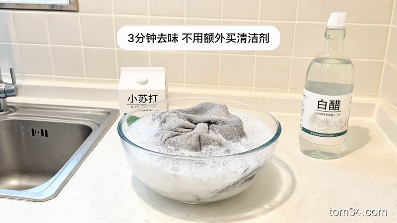 厨房水槽边场景，碗里装着小苏打白醋混合溶液，里面泡着抹布，旁边配文字标注「3分钟去味 不用额外买清洁剂」，清新生活化风格，突出方便易操作