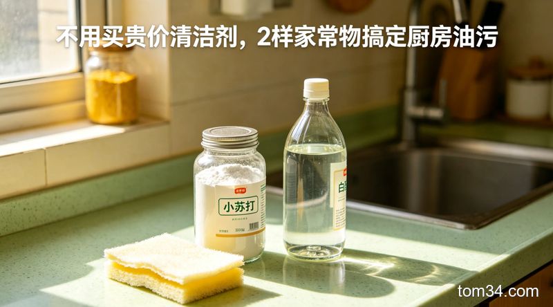 清新明亮生活化风格，厨房台面上摆放着小苏打、白醋两瓶家常物品，旁边放一块百洁布，配文字标注“不用买贵价清洁剂，2样家常物搞定厨房油污”，整体温馨接地气，突出低成本清洁特点