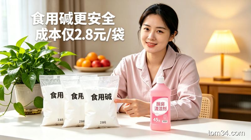 家居桌面场景，一边放几块钱的袋装食用碱，一边放几十元的高价厨房清洁剂，博主手指指向食用碱，配文字标注「食用碱更安全 成本仅1毛钱」，风格接地气明亮，突出高性价比