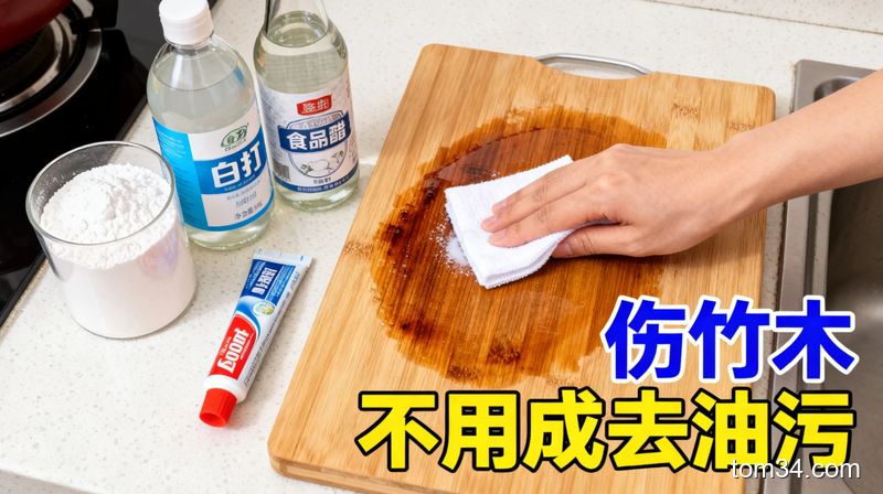 厨房操作台场景，手拿着蘸了小苏打溶液的软布擦拭竹制菜板上的油污，旁边摆放着小苏打、白醋、食用面粉、牙膏这些家中常见物品，画面标注‘不伤竹木 零成本去油污’文字，风格明亮生活化，突出不用买专用清洁剂