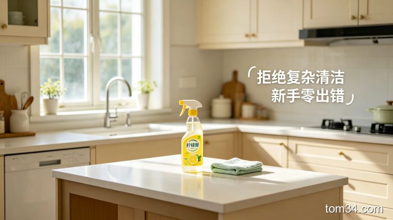 干净锃亮的厨房全景，台面上仅摆放柠檬酸喷瓶、抹布两样清洁工具，旁边标注文字「拒绝复杂清洁 新手零出错」，风格清新温馨，突出轻松低负担