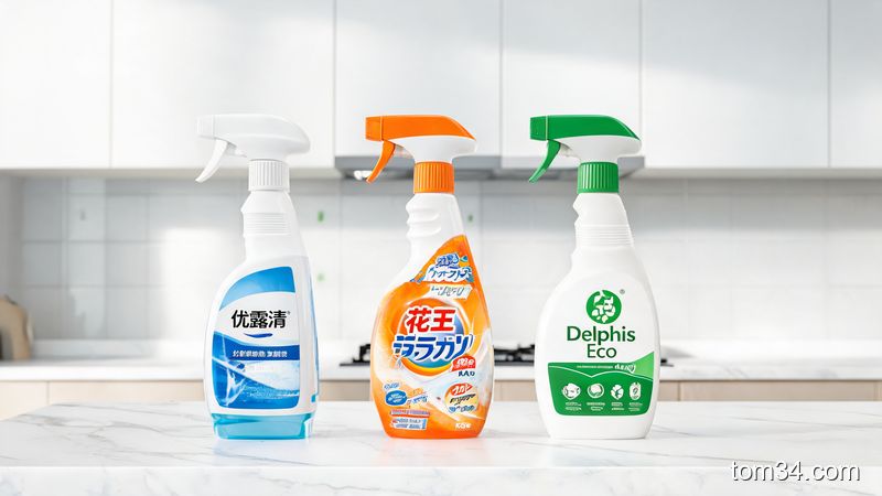 三款推荐重油污清洁剂并排展示：优露清、花王、Delphis Eco，背景是干净明亮的厨房灶台