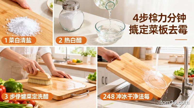清新明亮生活化厨房场景，分四格展示菜板清洁步骤：第一格撒粗盐、第二格倒热白醋、第三格用刷子刷菜板、第四格冲干净菜板，画面配文字标注「4步5分钟搞定菜板去霉」