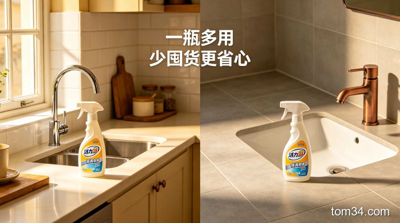 清洁前后对比图，瓷砖、水槽、水龙头擦完亮洁如新，旁边放着宝宝辅食碗