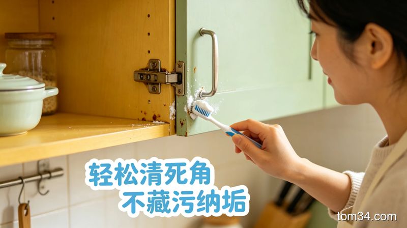 清新明亮生活化风格，普通人用旧牙刷蘸牙膏小苏打混合物清理橱柜门把手缝隙油污，动作简单，配文字标注「轻松清死角 不藏污纳垢」，场景为厨房橱柜边角区域