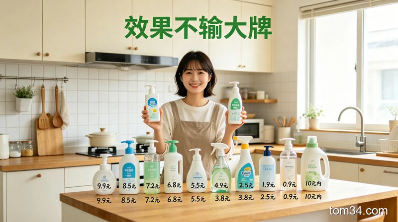 10款平价清洁用品整齐摆放在厨房台面上，每款旁边标注价格和适用场景
