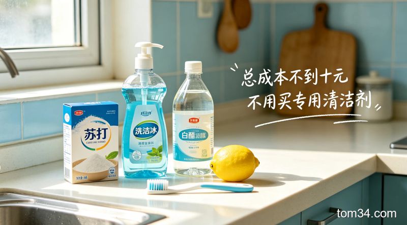 清新明亮生活化厨房场景，台面摆放小苏打、洗洁精、白醋、柠檬、旧牙刷家常物品，旁边配文字标注「总成本不到5块钱 不用买专用清洁剂」，突出简单、低成本的清洁准备