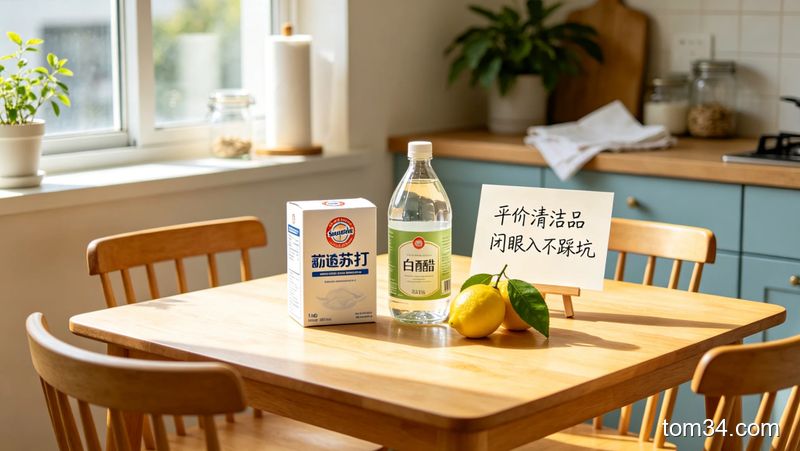 明亮厨房水槽区域，人物拿着喷壶往水龙头水垢处喷白醋水，旁边砧板上撒着白醋和盐，配文字标注「1:1兑水就用 去味杀菌无残留」，生活化风格