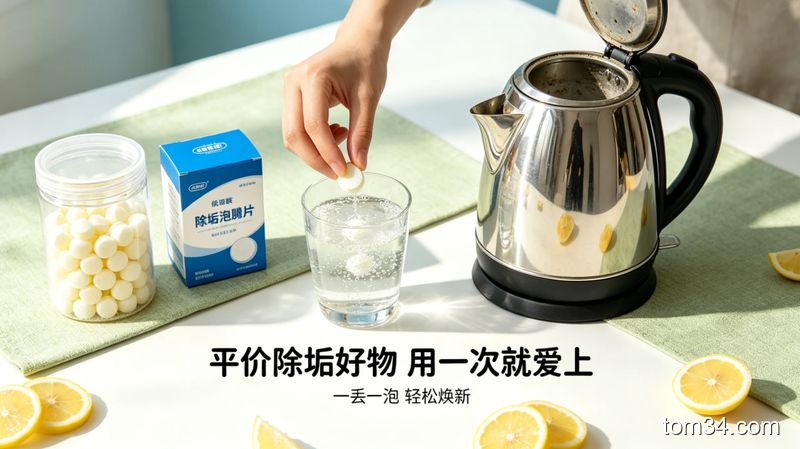 场景：白色家居桌面摆放着平价食品级柠檬酸颗粒、便携除垢泡腾片，旁边放着亮洁如新的烧水壶；风格：清新明亮生活化；关键元素：配文字标注「平价除垢好物 用一次就爱上」，突出低成本、无需复杂操作特点