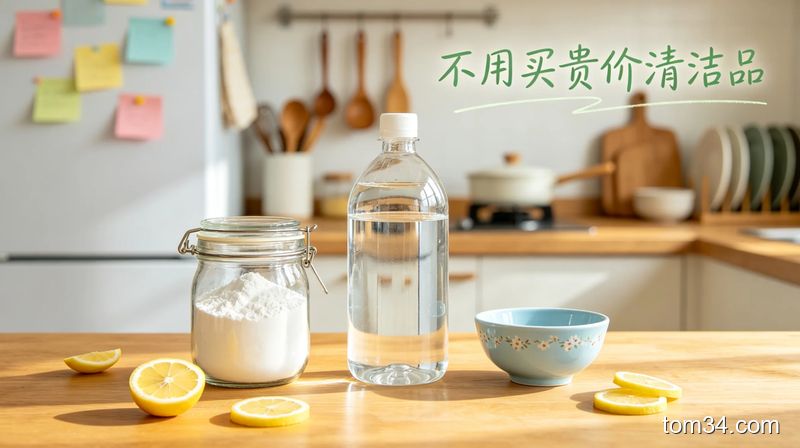 干净整洁的现代厨房，台面上摆放着白醋、洗洁精、小苏打、柠檬四样常见厨房清洁用品