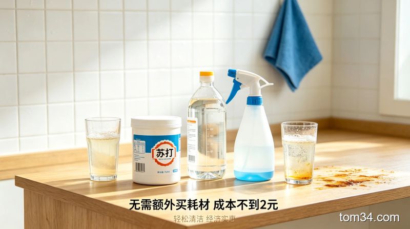 整洁的厨房台面摆放着小苏打、白醋、喷壶等常用清洁用品