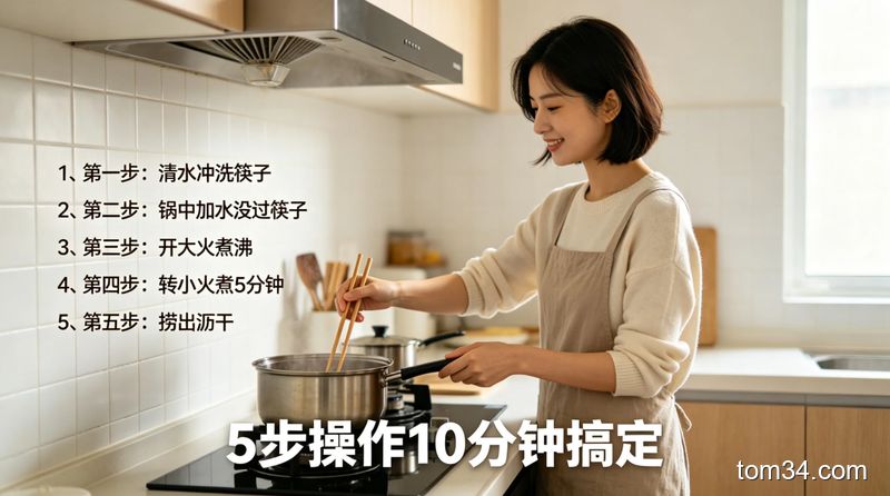 厨房灶台边场景，普通人的手正在往放了筷子的不锈钢锅里倒白醋，旁边放着准备好的小苏打、食盐，风格清新明亮生活化，标注文字“6步快手操作 泡一泡就去霉斑油污”