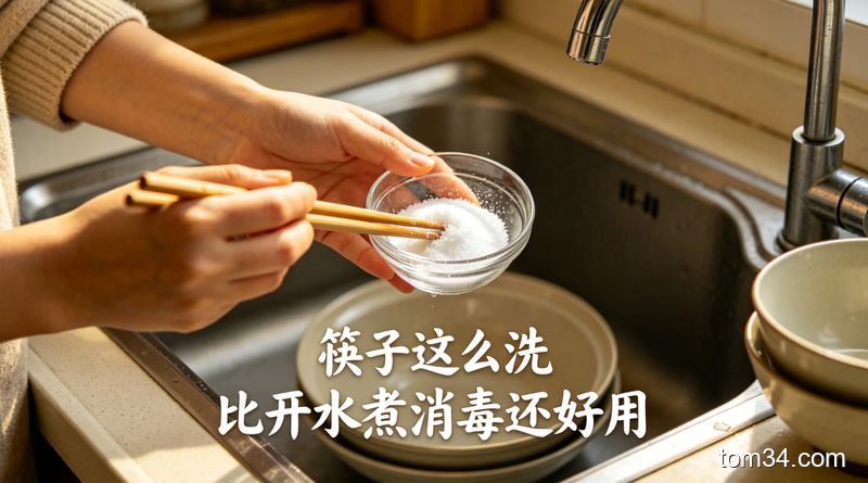 普通人在家清洁筷子的日常场景，手边放着食盐、小苏打，手搓筷子的动作特写，配文字‘筷子这么洗 比开水煮消毒还好用’，风格真实接地气，突出操作简单耗时短