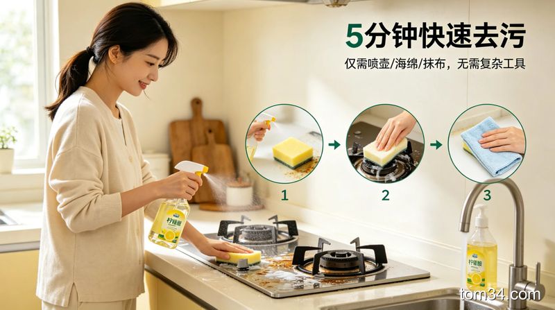 清新明亮生活化厨房场景，普通人演示用柠檬酸溶液3步清洁灶台油污、水龙头水垢的动作，画面标注文字“5分钟快速去污”，突出操作简单无需复杂工具的特点