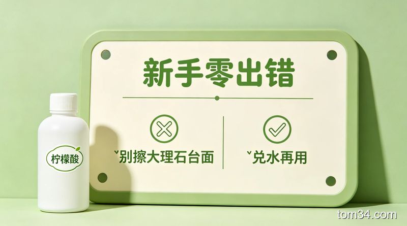 简洁明了的厨房小提示展示板，旁边放柠檬酸，板上标注2个简单避坑点「❌别擦大理石台面 ✅兑水再用」，配文字标注「新手零出错」，清新生活化风格，清晰易懂