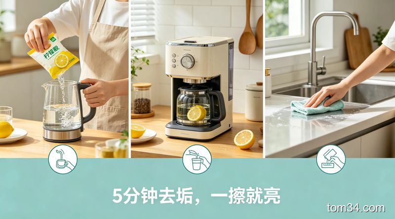 明亮厨房小家电摆放区，分别展示用柠檬酸清理水壶、咖啡机、不锈钢台面的3步简单动作，操作手法简单，配文字标注「5分钟去垢，一擦就亮」，清新生活化风格，突出操作方便