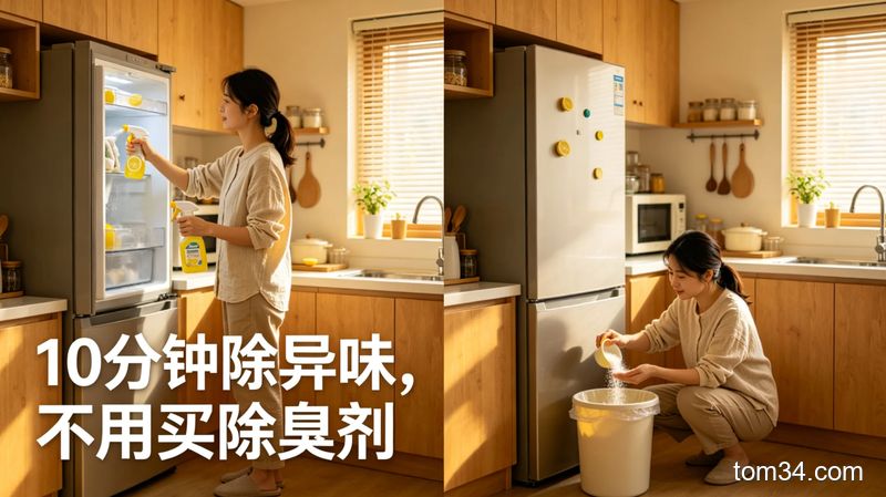 温馨日常的厨房场景，分别展示主人用柠檬酸喷壶擦冰箱内壁、往垃圾桶撒柠檬酸粉的动作，配文字标注「10分钟除异味，不用买除臭剂」，生活化风格，突出零难度