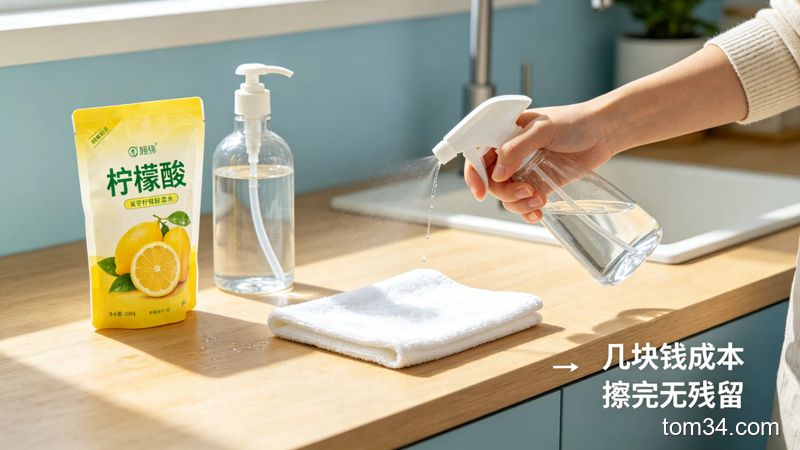 生活化厨房场景，桌面放着袋装柠檬酸、装了柠檬酸温水的喷瓶、干净抹布，手正拿着喷壶往台面喷水，旁边标注文字「几块钱成本 擦完无残留」，风格清新明亮，突出易操作