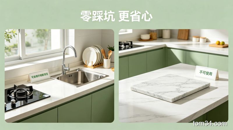 清新明亮生活化厨房场景，一侧摆着可使用柠檬酸清洁的灶台、水槽、餐具小卡片，另一侧摆着不可使用的大理石台面小卡片，画面标注文字“零踩坑 更省心”，突出实用好记的特点