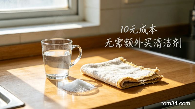 清新明亮出租屋厨房场景，桌面上摆放着食用柠檬酸颗粒、装热水的杯子、旧抹布，旁边标注文字&ldquo;10元成本 无需额外买清洁剂&rdquo;，生活化真实风格，突出简单低成本