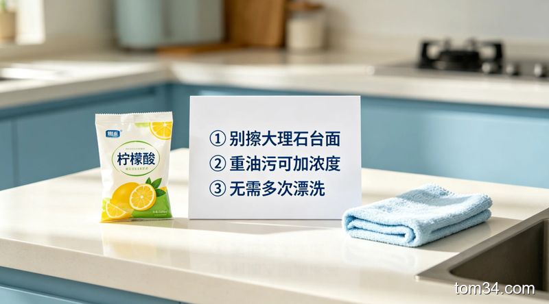 清新厨房小提示场景，白色卡片上写3个柠檬酸清洁注意事项：「❶别擦大理石台面 ❷重油污可加浓度 ❸无需多次漂洗」，旁边摆柠檬酸和干净抹布，风格简洁易懂，贴合懒人需求