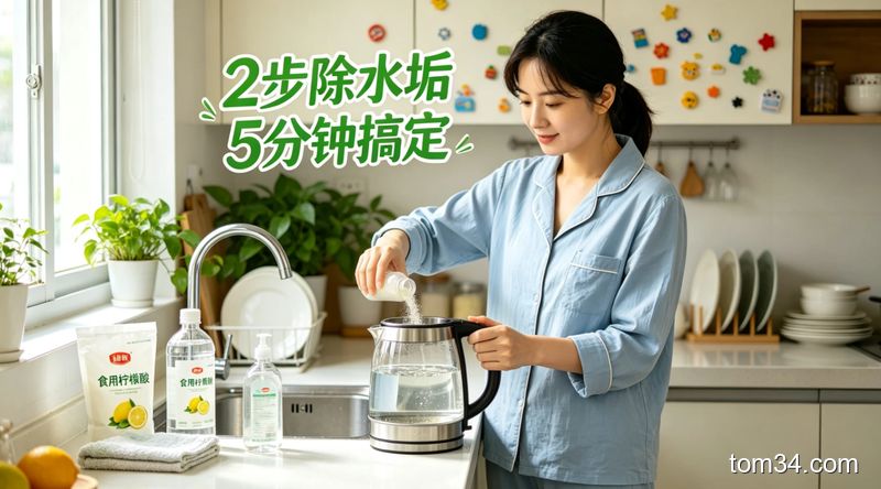 场景：厨房水槽边，普通人正往烧水壶里倒柠檬酸/白醋，旁边摆着家常食用柠檬酸袋、白醋瓶，水壶内装着没过水垢的清水；风格：清新明亮生活化；动作：轻松倒取物料的简单动作；关键元素：配文字标注「2步除水垢 5分钟搞定」，突出不用额外买用品、方便易操作特点