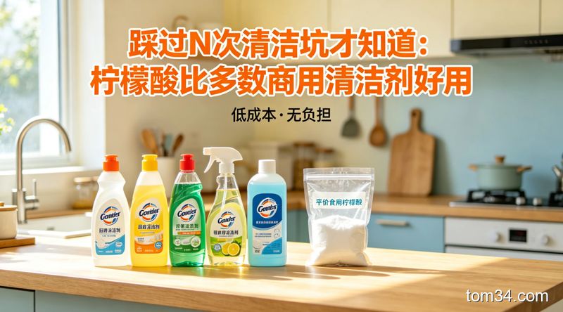 清新明亮生活化厨房场景，台面左侧摆5瓶不同品牌的商用厨房清洁剂，右侧放1袋平价食用柠檬酸，配醒目文字标注「踩过N次清洁坑才知道：柠檬酸比多数商用清洁剂好用」，突出低成本、无负担的感觉