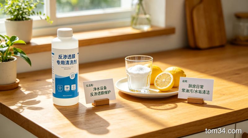 明亮桌面展示场景，左侧摆标注「反渗透膜专用清洗剂」的专业工业包装，右侧摆家用食用柠檬酸，旁边各配小卡片分别写「仅适用：净水设备反渗透膜维护」「适用：厨房日常油污/水垢清洁」，清晰区分，生活化风格