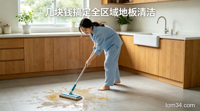 清新明亮生活化风格，厨房地面有油污脚印的真实场景，普通人拿着普通拖把拖地的动作，配文字标注“几块钱搞定全区域地板清洁”，画面轻松无复杂道具